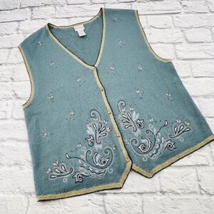 Koret Petites Blue Embroidered Button Front Knit Vest Women's Large Grandma